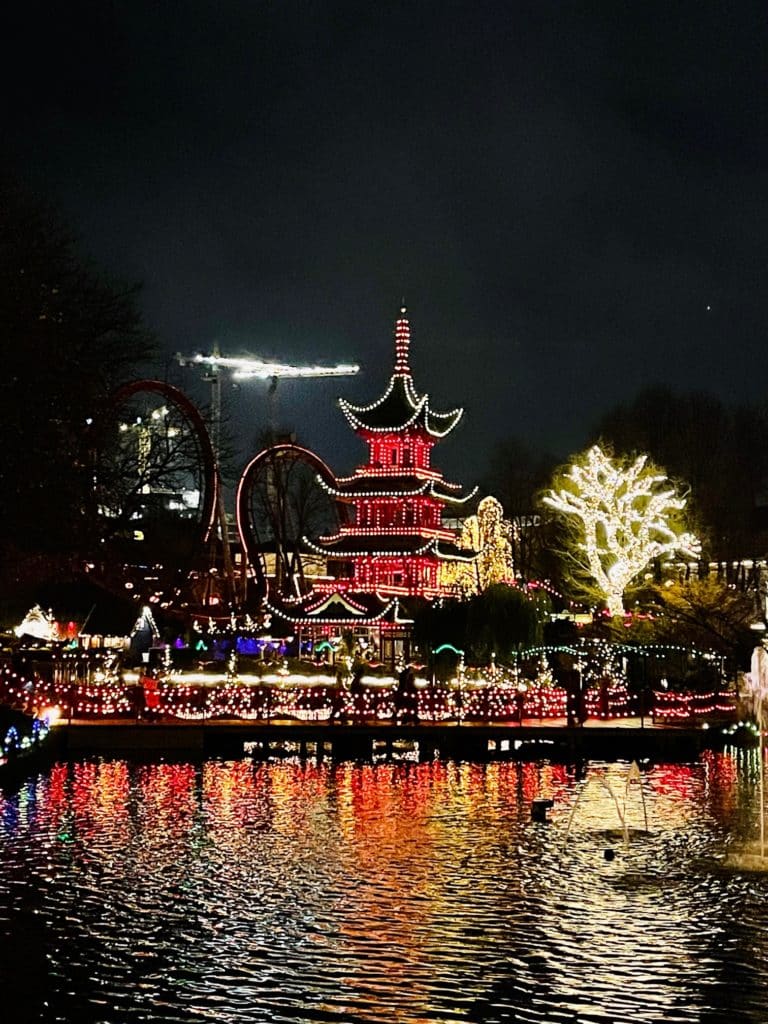 Tivoli Gardens Chinese Restaurant lit up at night